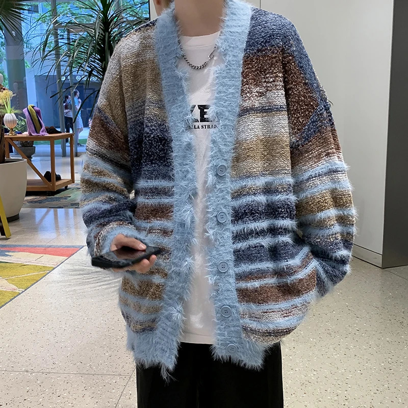 Autumn Japanese Loose Oversize Cardigan Sweater Male Korean Fashion Casual Contrast Color Mens Knit Winter Coats G106 241209