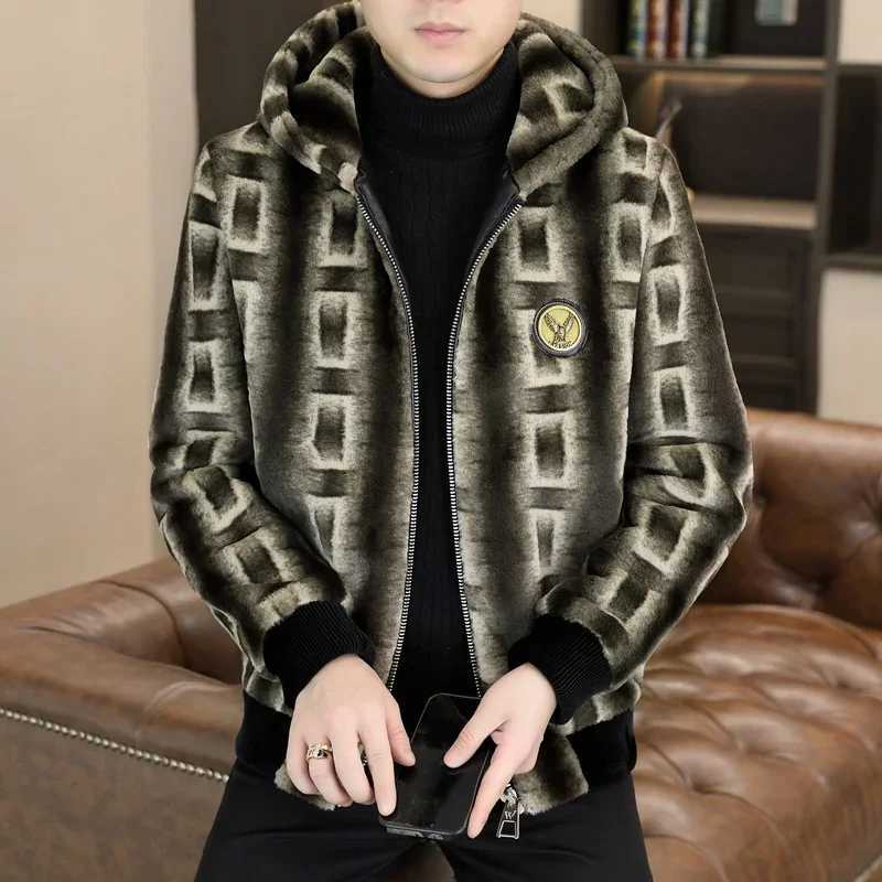 Luxury retro winter hooded faux fur mink jacket for men warm and casual business simulation fur coat office social mens clothing W241213