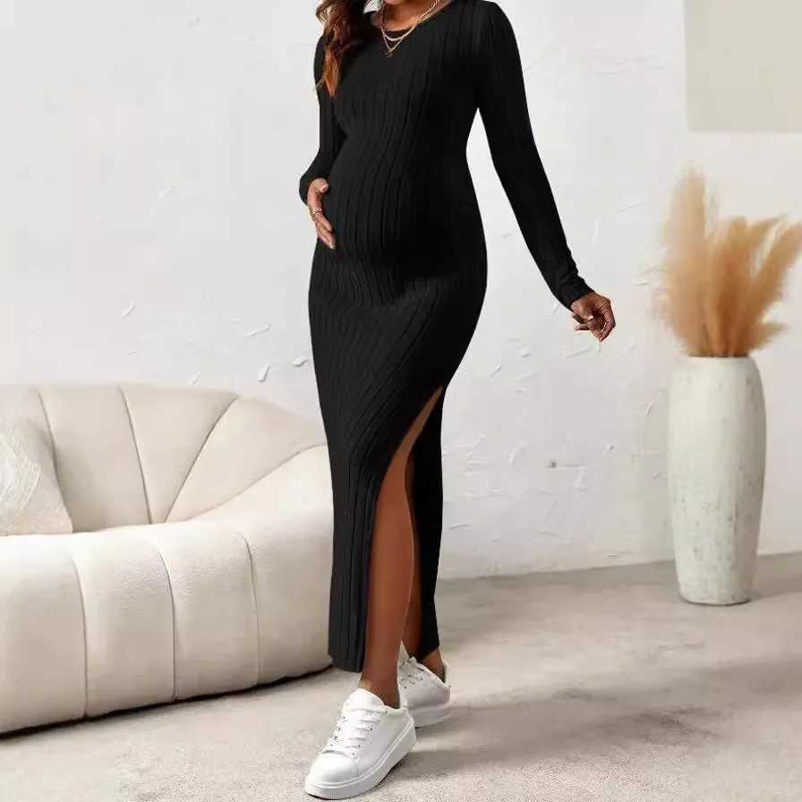Womens Dresses Pregnancy Dresses Materni Clothes Long Sleeve Materni Dress Photoshoot Large Slit Rib Knit Clothing WomenXJ241213