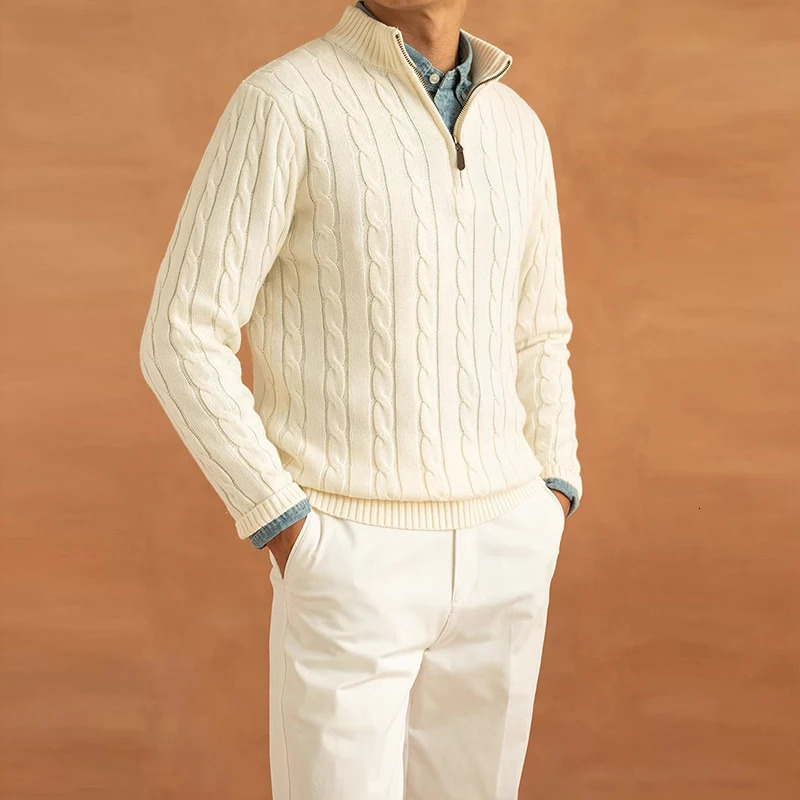 Mens Light y Turtleneck Jacquard Knit Zipper Pullover Leisure Vintage Solid Color Long Sleeve Sweater Korean Style Clothes 241209