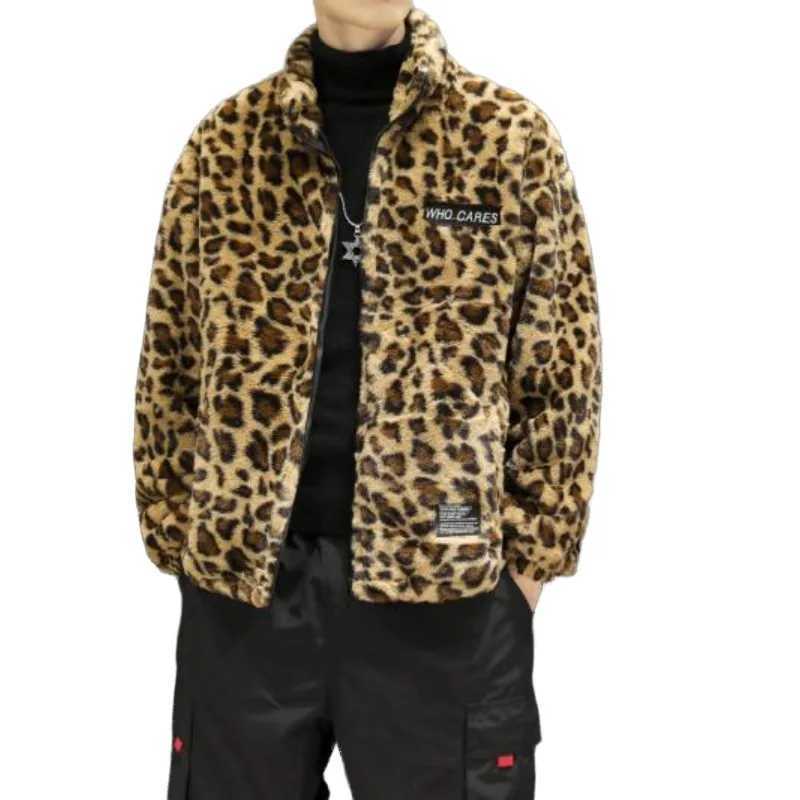 2022 Winter New Harajuku Leopard Artificial Fur Coat Plush and Thick Couple Loose Cotton Dress Fashion Trend W241213