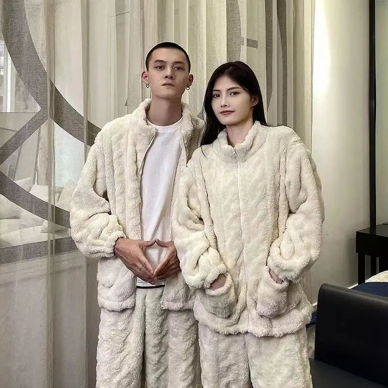 Loose Pajamas Set Warm Sleepwear Coat Men Zip Flannel Winter Pajama Sets Male Long Sleeve Casual Unisex Pyjamas Fleece 241214