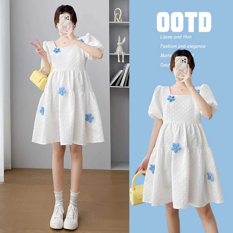 Korean Sle Materni Ball Gown Dress Sweet Puff Sleeve Square Collar Pregnant Womens A-Line Dress Pregnancy Par Dress CuteXJ241213