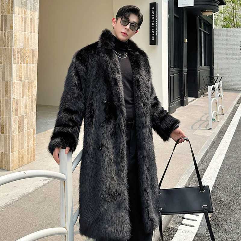 PFHQ Mens Faux Fur Overcoats Korean Style Turn-down Collar Solid Color Breasted Casual Male Thick Loose Male Windbreaker 9C8840 W241213