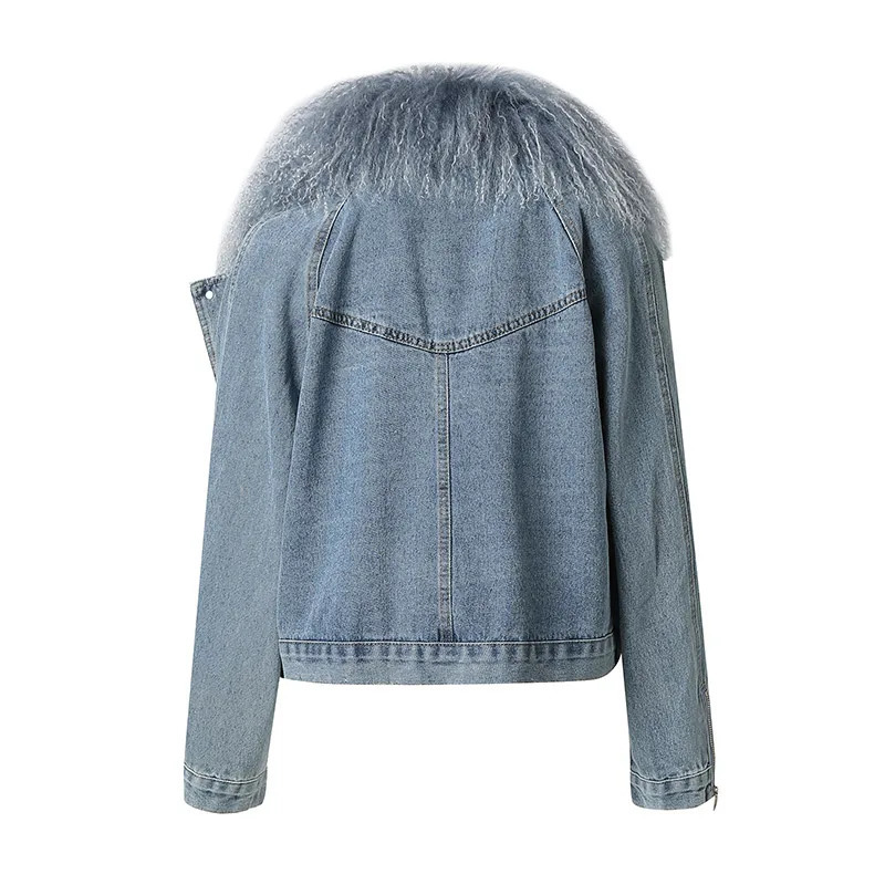 comer Fluffy Genuine Mongolian Fur Denim Jacket Women Big Neck Natural Fur Coat Fashion Denim Coat 241210