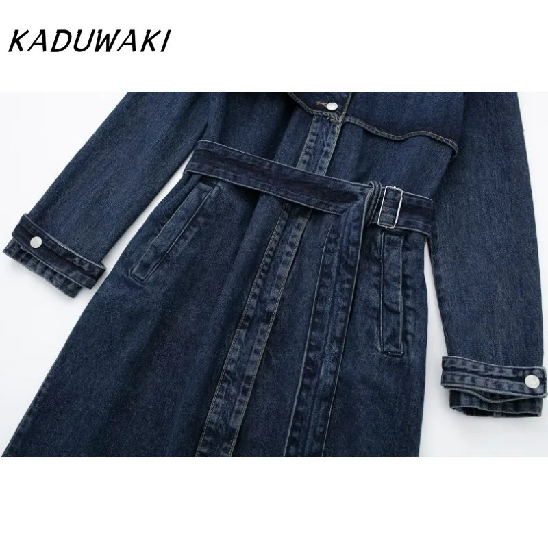 KADUWAK Fashion Retro Collar Long Sleeve Cowboy Trench Coat Trend Splicing Belt Matching 241211