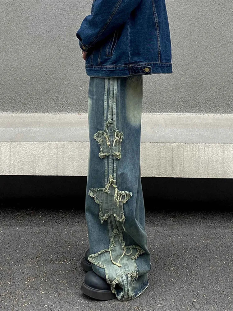 2024 Ropa Y2K Streetwear Star Patchwork Embroidered Luggage Stacked Jeans Mens Wide Leg Old Straight Denim Shorts 241211