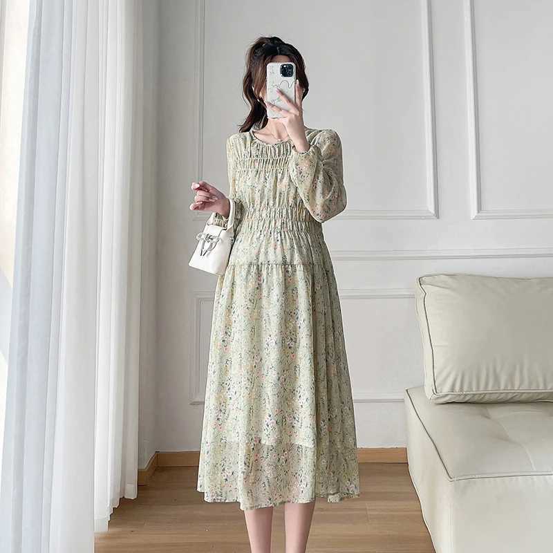 2024 Spring Materni Chiffon Dress Long Lantern Sleeve O-neck Fashion Printed Pregnant Woman Floral Dress Pregnancy Beach DressXJ241213