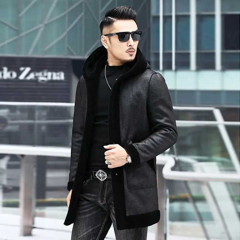 2023 Autumn Winter Mens New Authentic Sheepskin Coat Mens Fashion Ultra Thin Warm Jacket Mens Casual True Fur Hoodie W241213