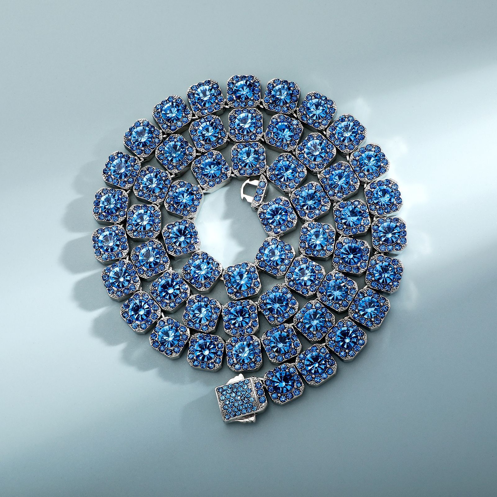 New In Hip Hop Full Clustered Blue Diamond Tennis Chain Necklace Bracelet Mens Womens Fashion Jewelry Accessories Miami Party Bijoux Pulsera Hombre Co
