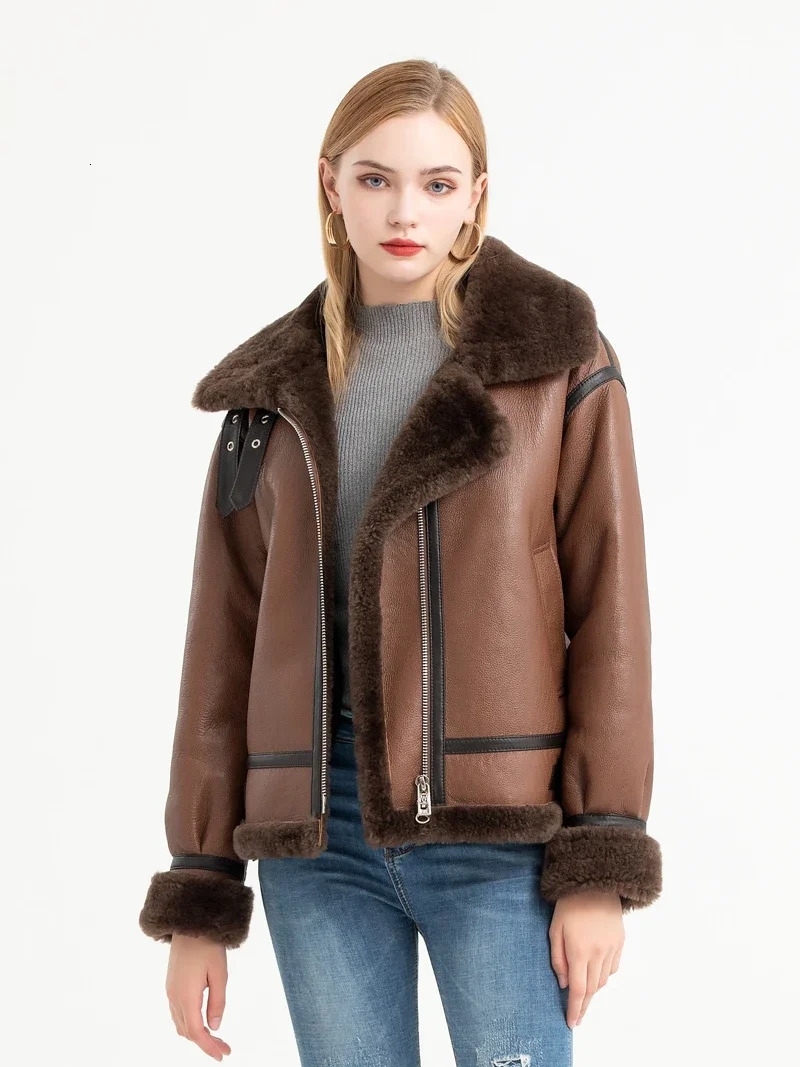 Fashionable womens multi-color fur one-piece jacket flying jacket sheepskin motorcycle leather jacket 241210