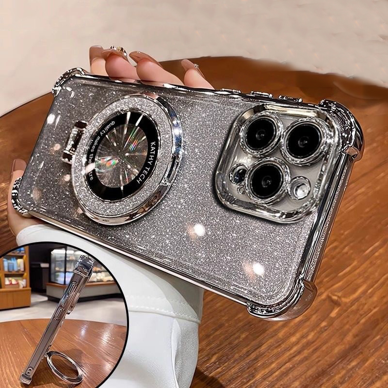 Luxury Four Corner Bling Glitter Clear Soft TPU Ring Stand Magnetic For Magsafe Wireless Charging Cases With Lens Film Protector For iPhone 16 15 14 1