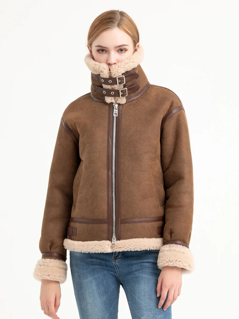 Fashionable womens multi-color fur one-piece jacket flying jacket sheepskin motorcycle leather jacket 241210