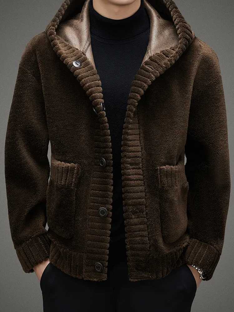 2024 Winter Mens New Sheep Wool Coat Mens Solid Warm Hooded Jacket Mens True Wool Coat F452 W241213