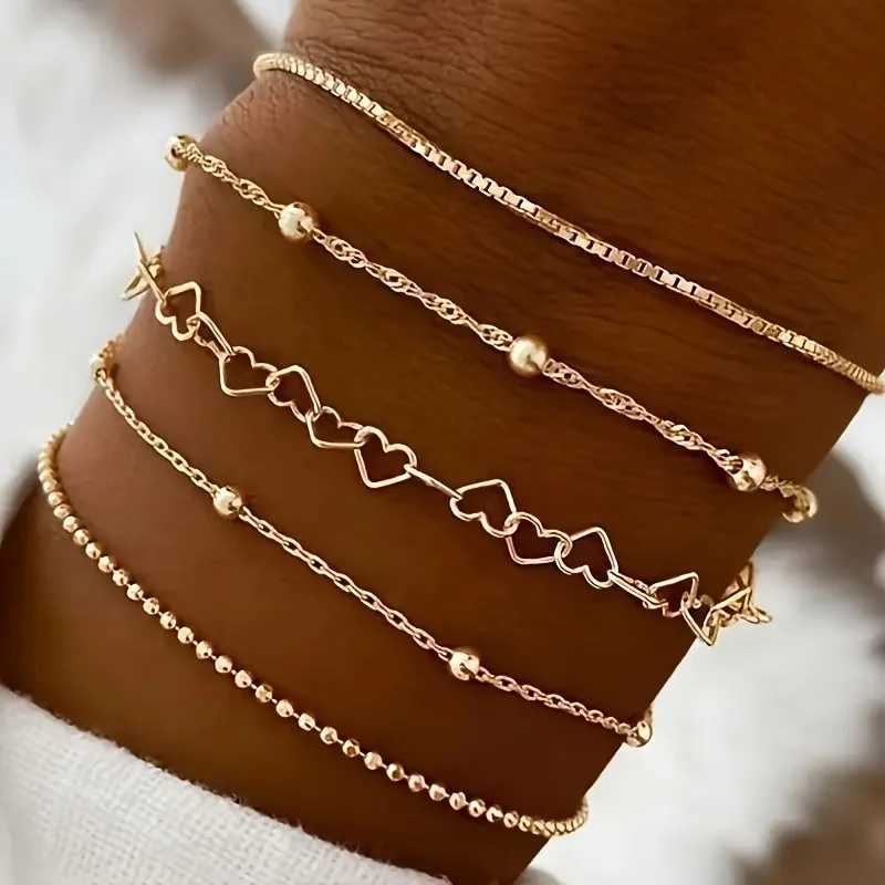 5 Pcs Set Of Tiny Golden Chain Design Bracelet Zinc Alloy Jewelry Elegant Leisure Style For Women Daily Stackable Hand ChainXJ241214