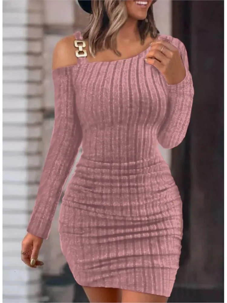 Sexy Chain Shoulder Mini Dress for Womens Autumn Fashion Bodycon Long Sleeve Winter Tight Knitted Tank Top 241212