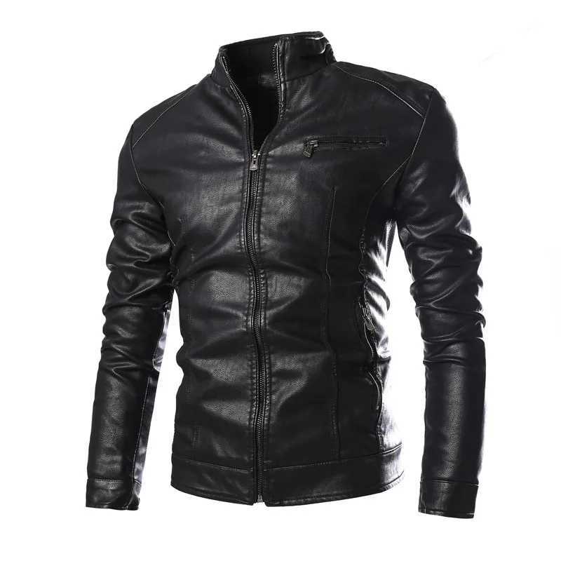 2023 mens washable PU leather thick standing collar motorcycle leather mens large leather clothing W241213