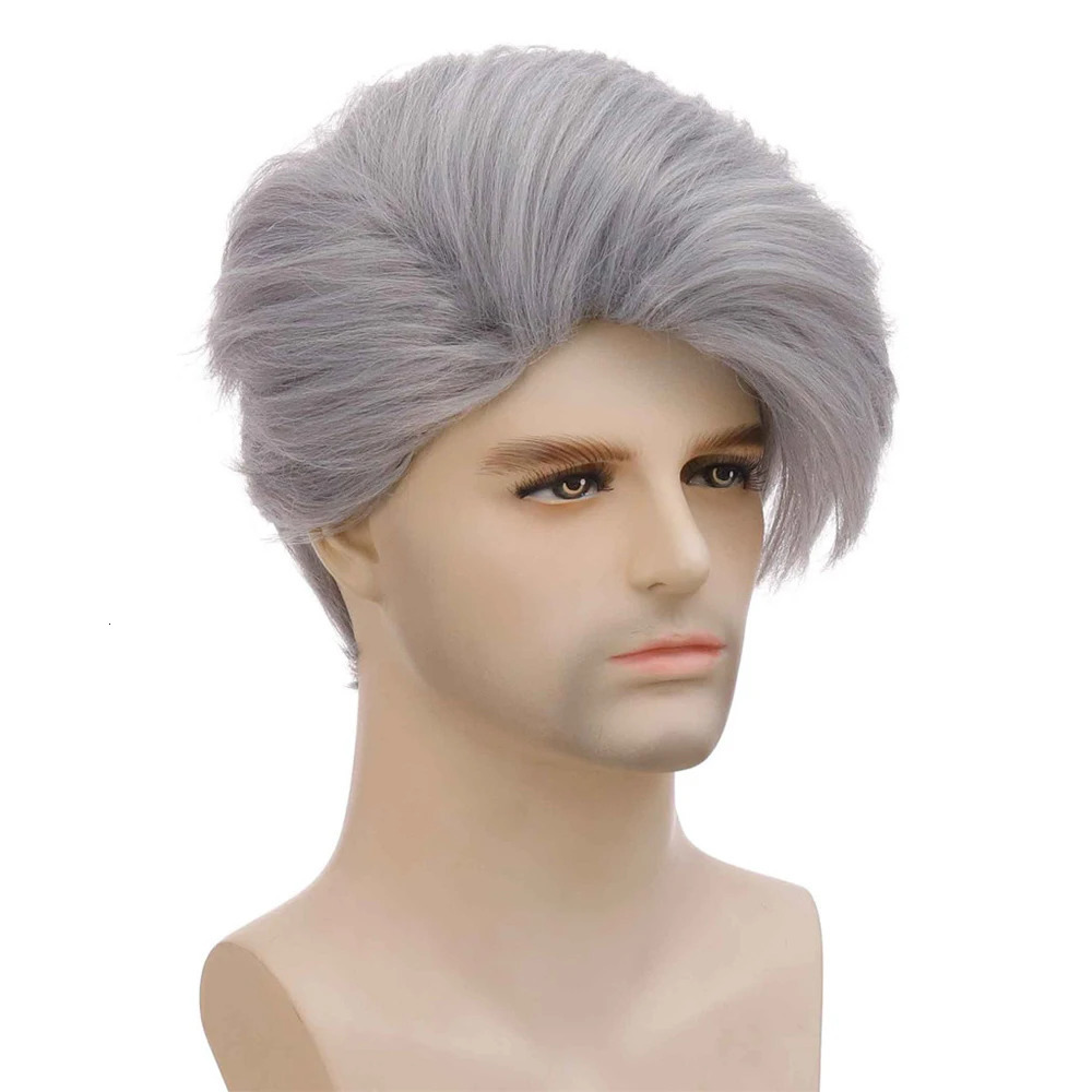 Men Short Straight Grey Synthetic Wig Heat Resistant Fiber Wig With Long Bang For Male Party Cosplay Use 241213