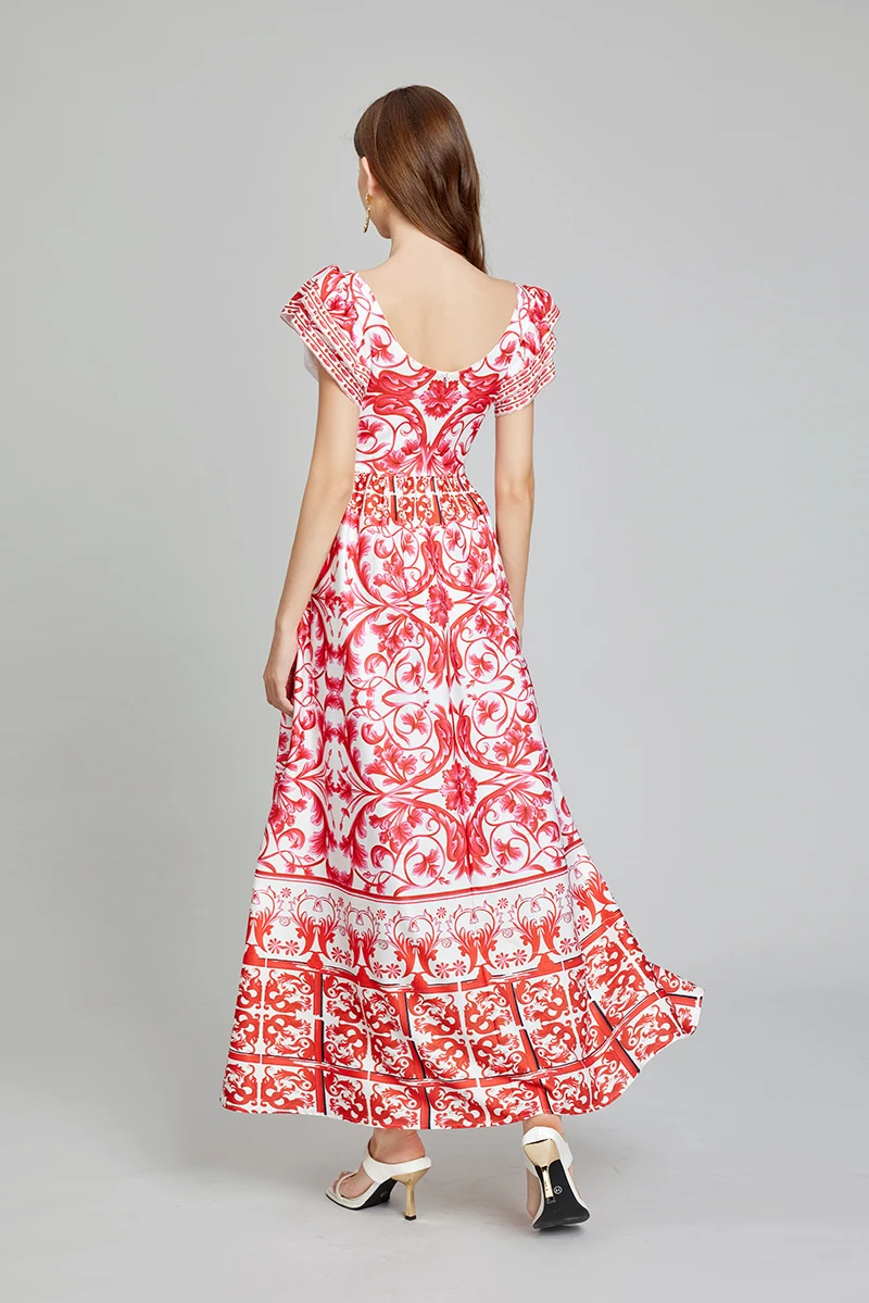 New Casual Summer Runway Summer Holiday Floral Maxi Dress Women Red White Porcelain Flare Ruffle Sleeve A Line Big Hem Long Beach Dresses 2025