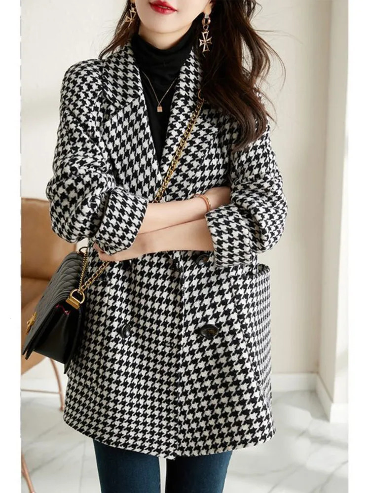 EWQ Check Long Sleeve Double Breasted Doublefaced Woolen Blazer Coat Office Lady Suit Jacket Winter Autumn 16O2707 241209