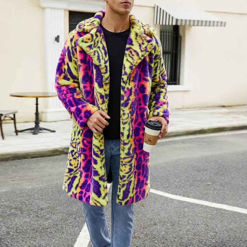 2025 mens leopard print winter jacket open top coat warm Parkas coat thick faux fur plush coat multi-color coat W241213