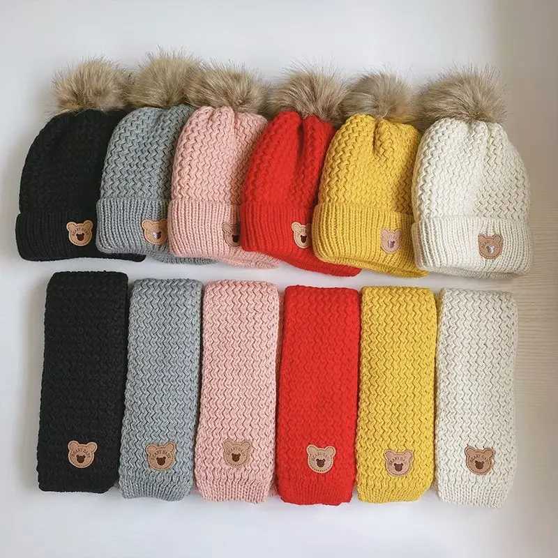 Warm Childrens Scarf Bean Set Cute Bear Knitted Hat Scarf Set Preschool Fashion Autumn Warm Winter Clothing Accessories W241213