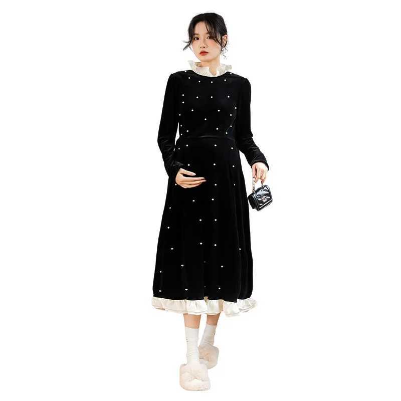 2024 Spring Pregnant Womens Retro Sle Pearl Velvet Long Dress Ruffles Collar Patchwork Materni Par Dress Evening ClothesXJ241213