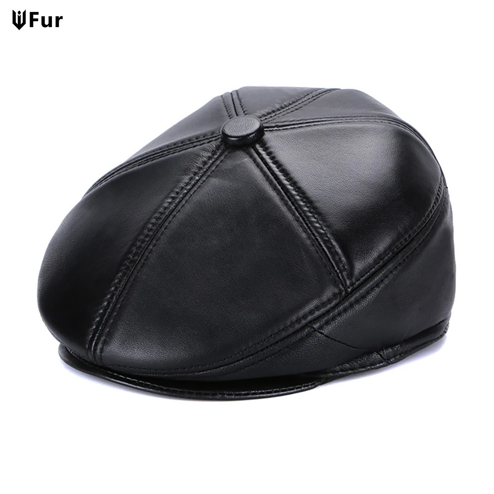 2024 selling genuine sheepskin leather beret mens black casual duckbill hat retro 100 winter warm flat 241210