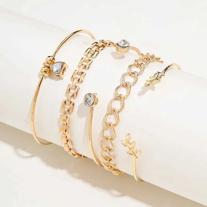 Tren Geometric Link Chain Bracelet Set For Women Rhinestones Gold Color Leaves Heart Pendant Open Cuff Bangle Girls JewelryXJ241214