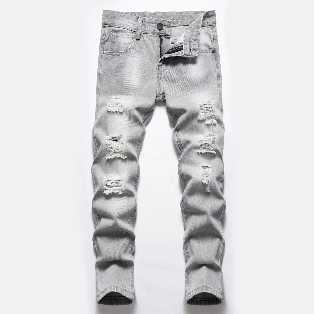 Boys Gray Straight-leg Ripped Jeans Children Washed Distressed Stretch Denim Trousers Big Kids Casual Pants 5-16y 241213