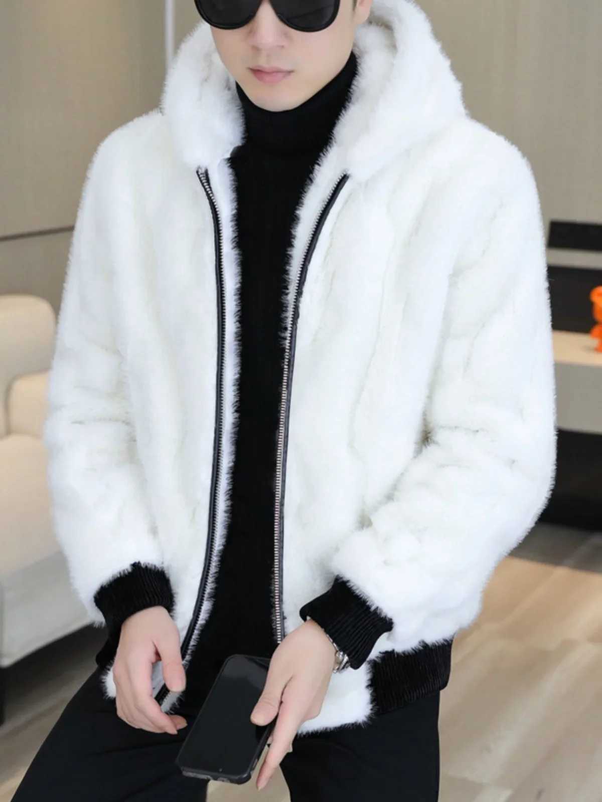 2024 Winter Men New Faux Fur Hooded Coats Mens Korean Thick Warm Short Jackets Male Solid Color Imitation Fur Outerwear G62 W241213