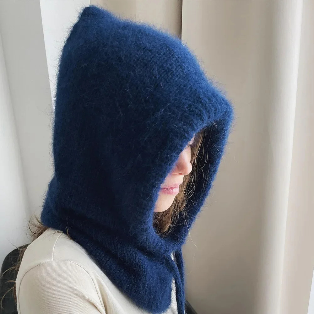 Winter rabbit fur womens hat unisex knitted hooded collar adjustable elastic Balaclava hat Gorros Mujer Invierno 241205