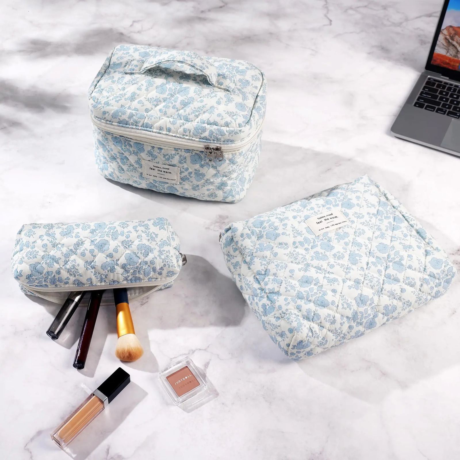 3-Piece Cotton Quilted Makeup Bag Set for Women Zipper Makeup Organizer Womens Bag Handbag Portable Womens Toilet Cover 241212
