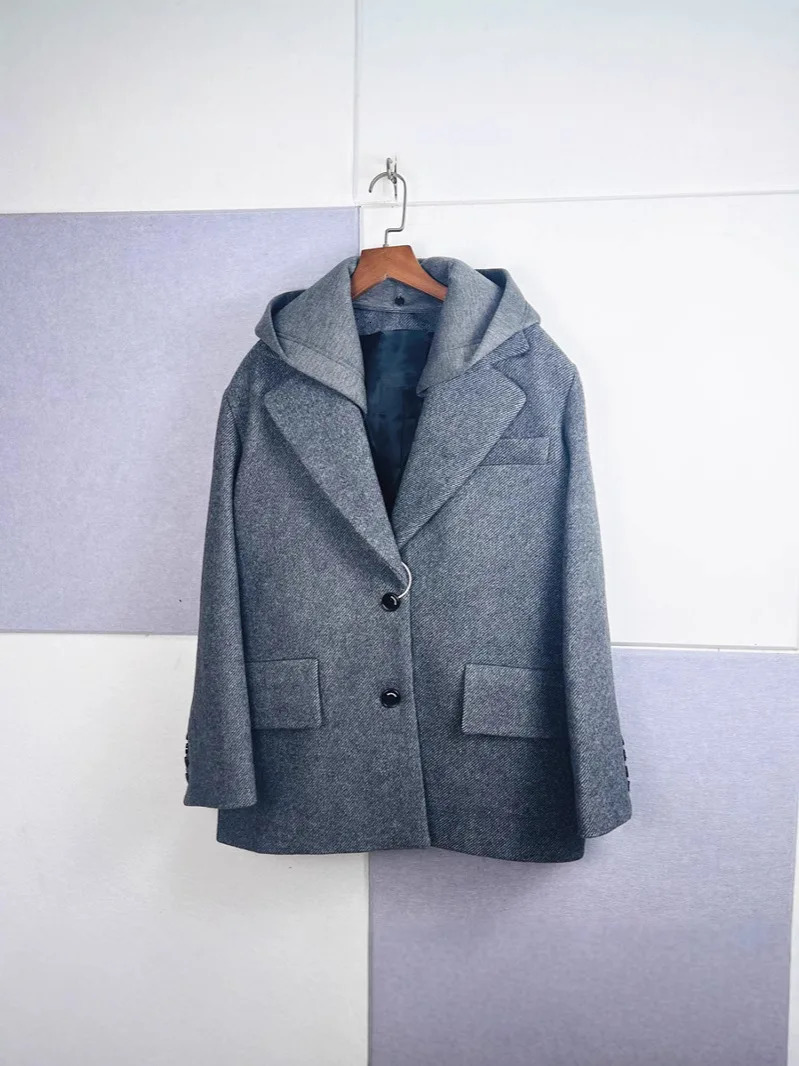Ladies SingleBreasted Grey Elegant Jacket Tops with Pockets Autumn Winter Womens Hooded Suit Blazer Coat 241209
