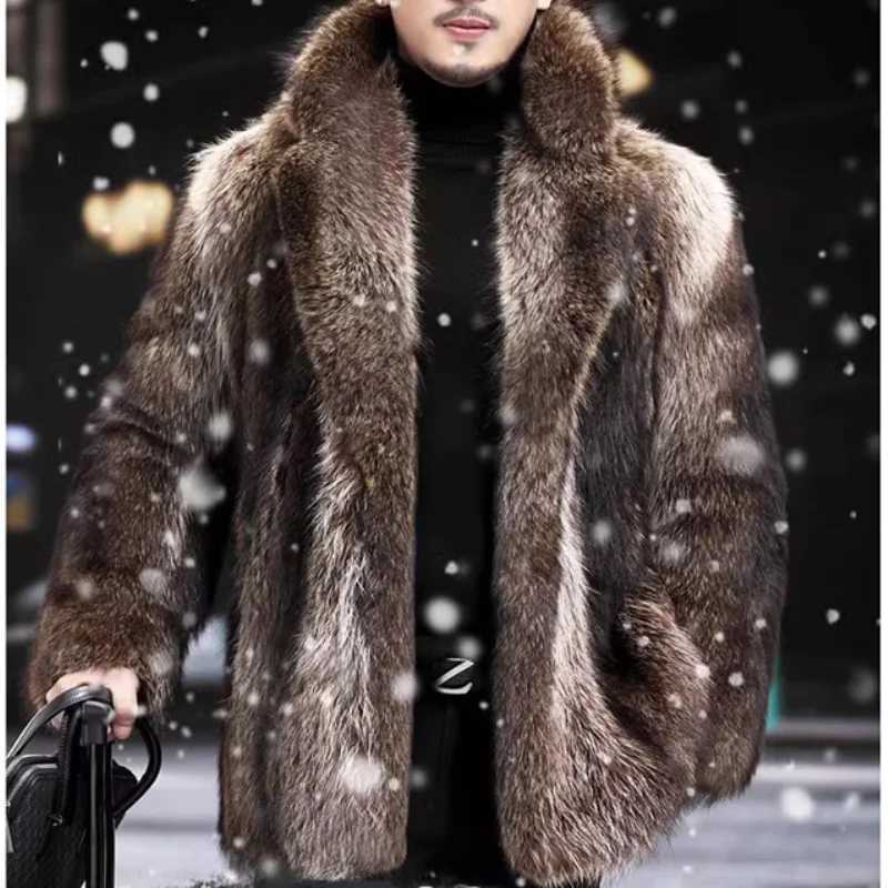 Mens autumn and winter thick Maxi faux fox fur coat jacket long sleeved warm luxury fur black park Bontjas fur furry coat W241213