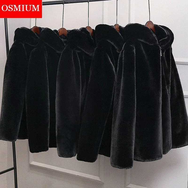 Mens winter faux fur coat black hooded faux fur leather jacket thin and warm fluffy windproof jacket mens zipper top mens jacket W241213