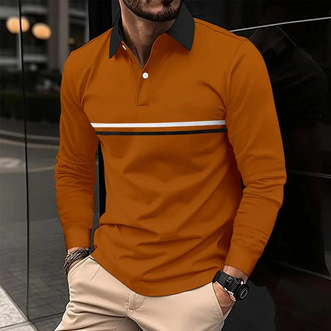 Spring And Autumn Mens Casual Solid Color POLO Shirt Stitching Horizontal Strip Simple n Fashion Slim Classic Style 241213