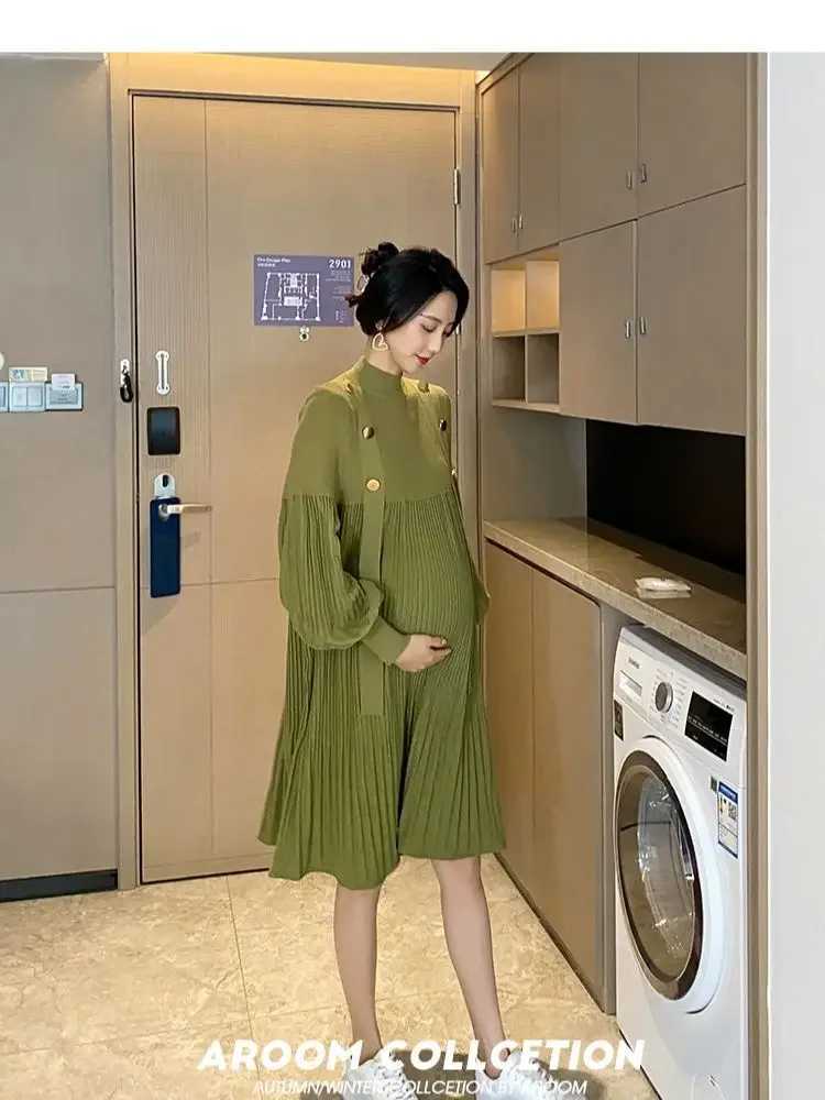 Pregnant Woman Spring Clothes Long Sleeve O-neck Knitting Patchwork Chiffon Pleated Dress Loose Pregnancy Dresses Black GreenXJ241213