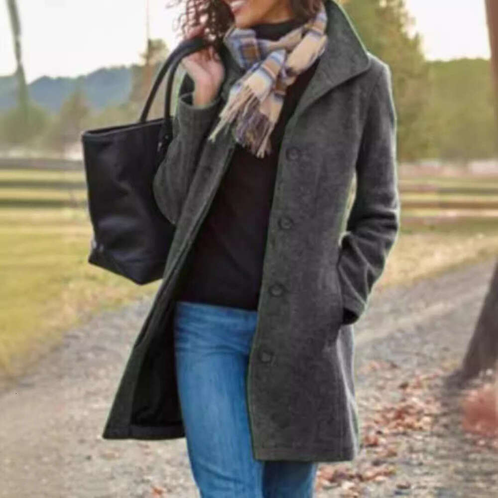 Autumn Winter New European And American Clothing Retro Medium Long Solid Color Woolen Coat Coat, Women's Fashionable Quality Classic