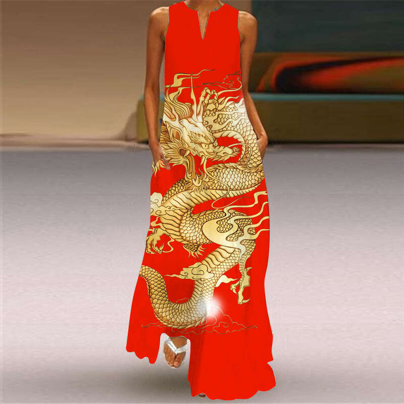 plug-in pocket European and American retro printed skirt V-neck multi-color long sexy sleeveless dress 2024 new casual versatile fashion clothing