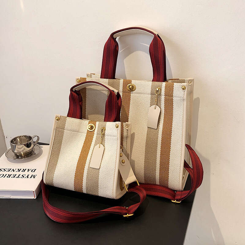 New European And American Retro Tote Bag For Women, Trendy Canvas Striped Student Shoulder Crossbody Backpack