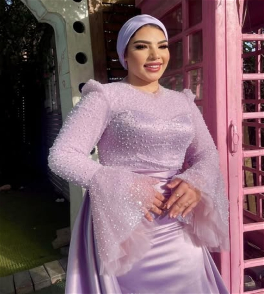 Gorgeous Saudi Arabic Evening Dress Plus Size Overskirt Dubai Muslim Prom Dresses Sequin Long Sleeve Birthday Formal Abaya Event Vestio De Fiesta