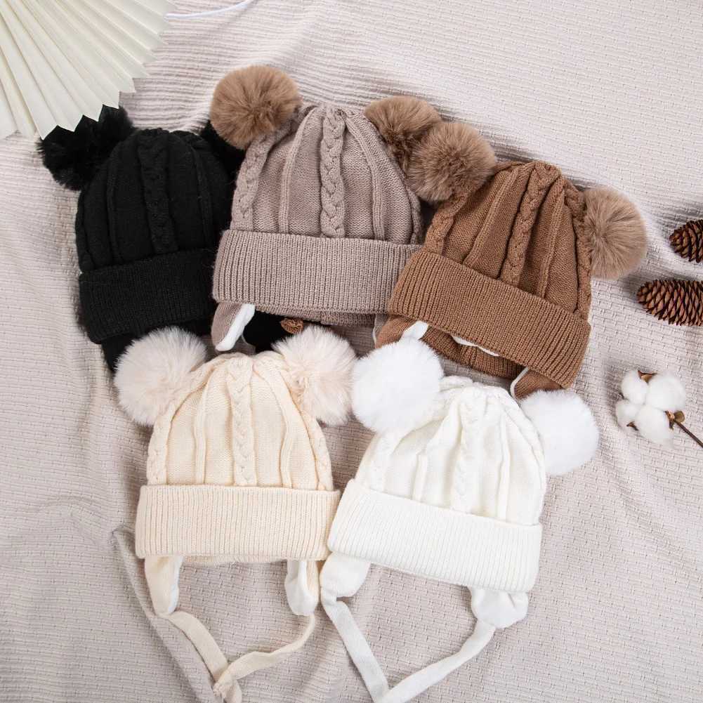 Cute bear earmuffs textured knit hats fluffy baby boys and girls thick and warm winter earmuffs cotton lining childrens headwear W241213