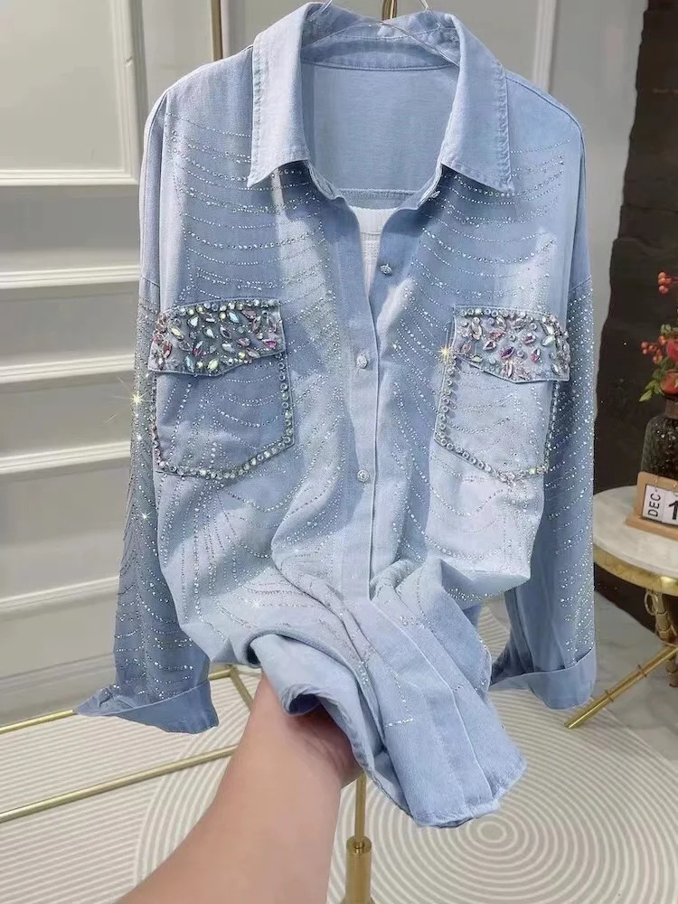 Trends for Autumn 2024 Fashion Diamond Denim Jacket Womens Loose Casual Jeans Clothing 241211