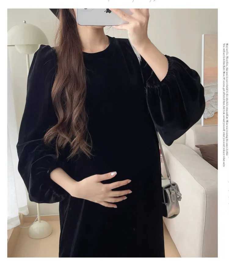 2025 Korean Sle Materni Par Dress Plus Size Long Sleeve O-neck Lace Patchwork Velour Dress Pregnant Woman Fishtail DressesXJ241213