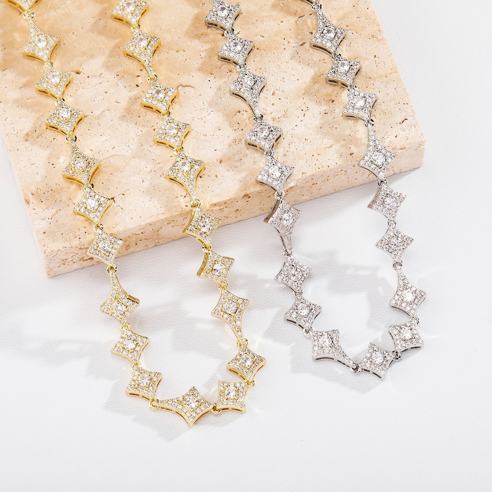 Prong Sparkly Cubic Zirconia Four Pointed Star Spring Buckle Bracelet Necklace Match Set Hip Hop Rapper Iced Out Full Crystal Bijoux Pulsera Collar Wo