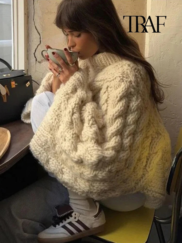 TRAF Womens Fashion Oversized Solid Color Knitted Sweater Casual Slow Pull Flower Autumn and Winter Loose Long Sleeve Top 241211
