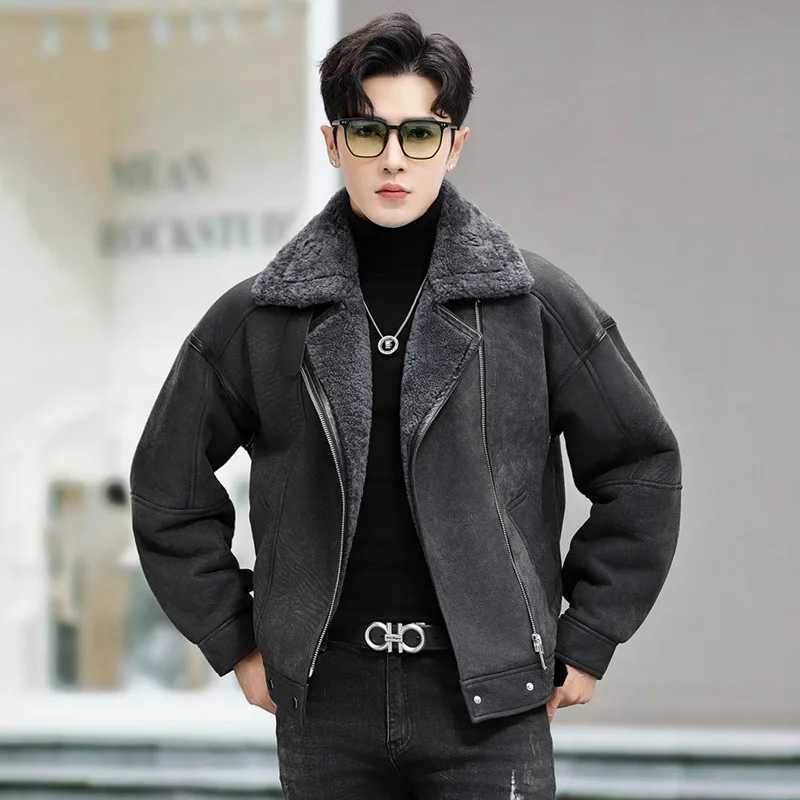 Tcyeek natural sheepskin coat mens motorcycle jacket winter wool real fur coat mens retro leather jacket loose W241213