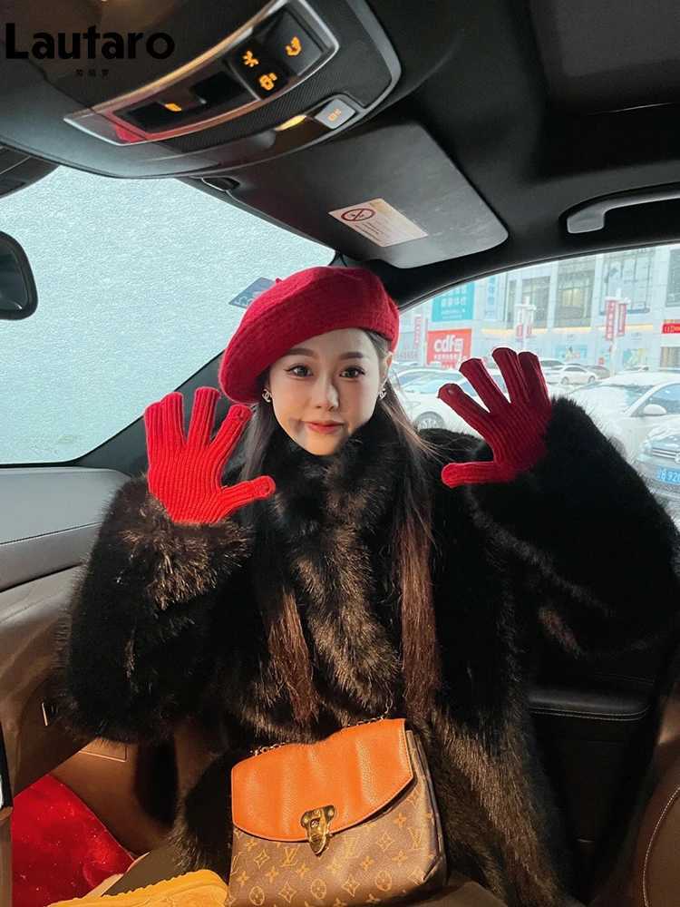 Lautaro Autumn Winter Black Soft Thick Hair Fury Artificial Fur Coat Womens Stand Collar Luxury Loose Fluffy Jacket X241214
