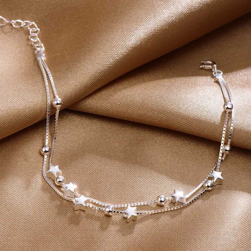 925 Sterling Silver Bead Chain Bracelets For Women Korean Sweet Double Layer Beautiful Stars Bracelets Original Jewelry GiftsXJ241214